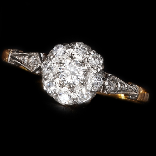 31 - ANTIQUE DIAMOND CLUSTER RING. stamped 18 ct and Plat. set with bright lively diamonds. size L. 2.1 g... 