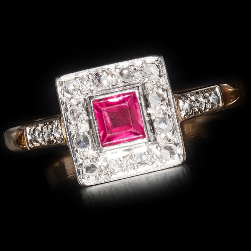 34 - ART DECO RUBY AND DIAMOND RING. set with a vibrant ruby. surrounded by bright lively diamonds. size ... 