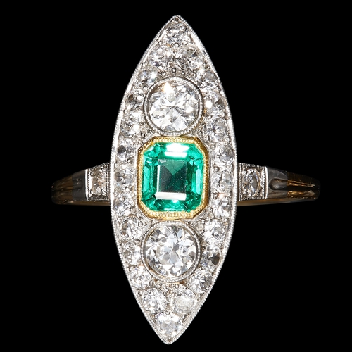 40 - IMPRESSIVE CERTIFICATED ART DECO COLOMBIAN MINOR EMERALD AND DIAMOND RING. set with a fine exquisite... 