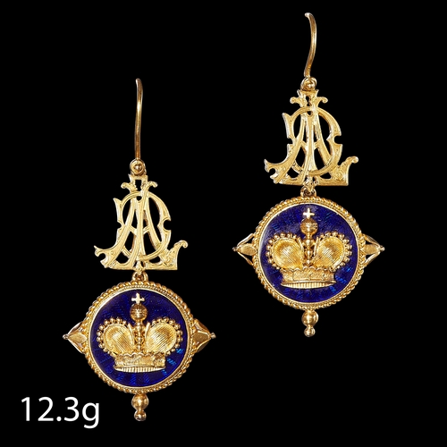 41 - JOHN BROGDEN. FINE PAIR OF CROWN AND ENAMEL DROP EARRINGS. testing as gold. with detailed crown desi... 