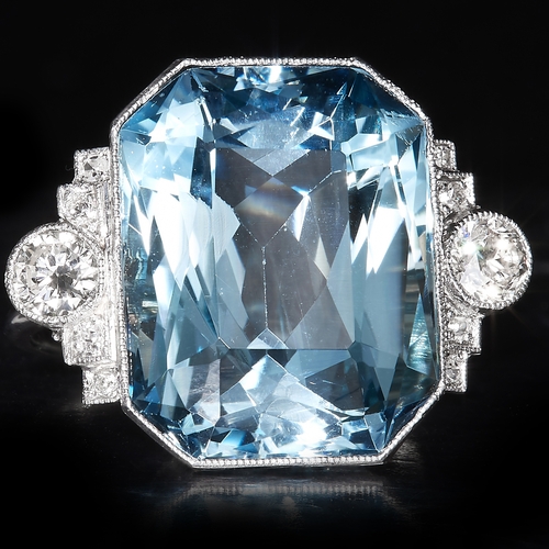 48 - FINE ART DECO AQUAMARINE AND DIAMOND RING. set with a large rich vibrant aquamarine approx 16.72 ct ... 