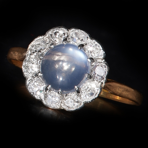 51 - ART DECO MOONSTONE AND DIAMOND CLUSTER RING. set with a large moonstone in the center . surrounded b... 