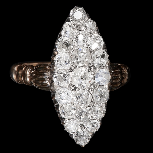 54 - MARQUISE SHAPED DIAMOND CLUSTER RING. set with bright lively diamonds totaling approx. 1.20 ct. SIZE... 