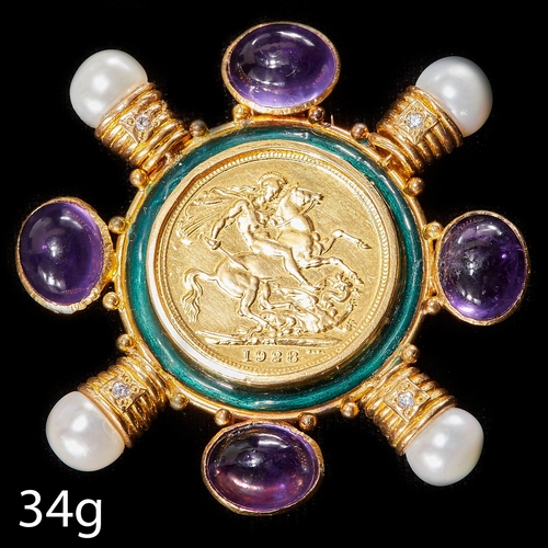 57 - RARE  DOUBLE SOVEREIGN, AMETHYST, PEARL AND DIAMOND BROOCH. Set to the center with a double sovereig... 