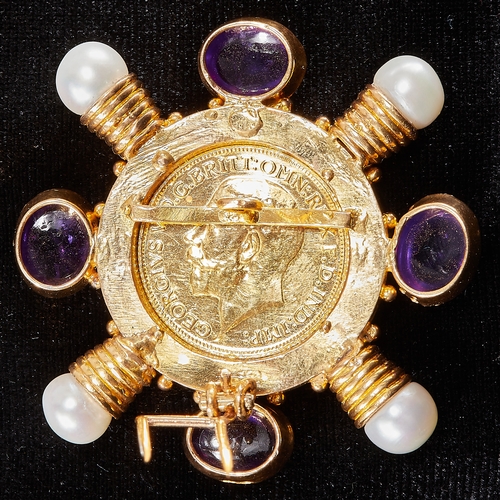 57 - RARE  DOUBLE SOVEREIGN, AMETHYST, PEARL AND DIAMOND BROOCH. Set to the center with a double sovereig... 