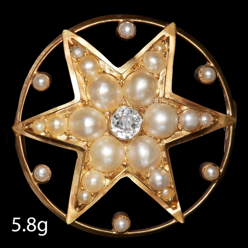6 - PEARL AND DIAMOND STAR BROOCH, Set with a diamond to the center and further set with pearls. Diam. 2... 