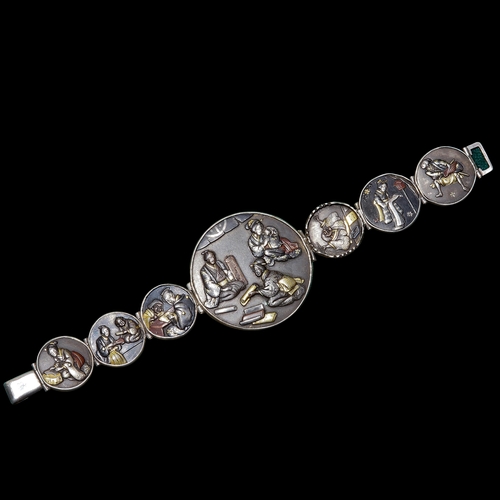 8 - LATE 19TH CENTURY SILVER MOUNTED SHAKUDO BRACELET. set with seven panels depicting Japanese scenery.... 