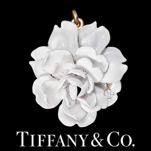 145 - FINE TIFFANY & CO GOLD ENAMELED DIAMOND FLOWER BROOCH/PENDANT. with detailed enamel work, suspending... 