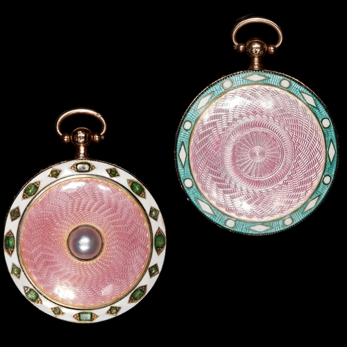 46 - ANTIQUE ENAMEL PEARL AND EMERALD PENDANT, decorated to the front and back with multi- color enamel, ... 