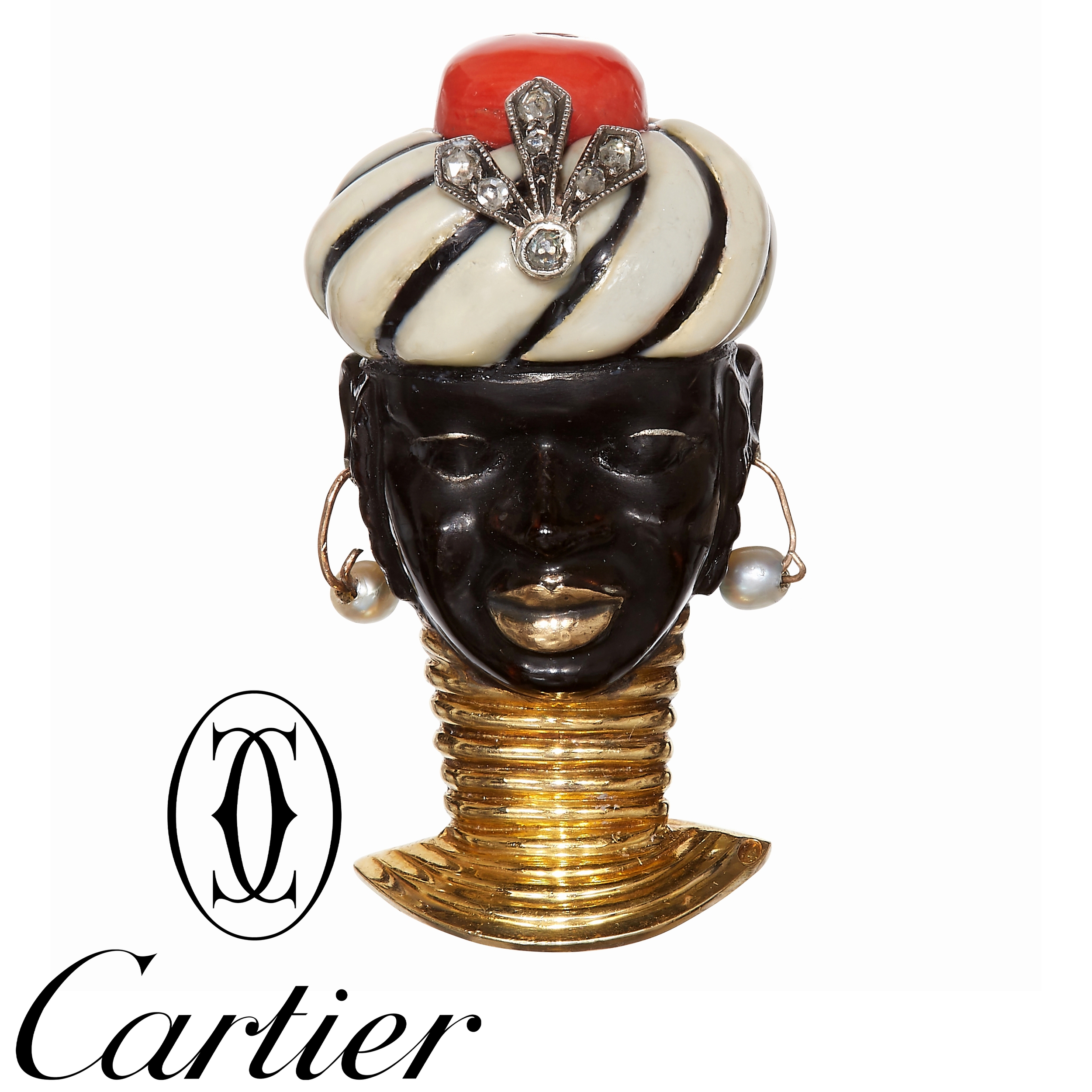 CARTIER ENAMEL DIAMOND AND CORAL BLACKAMOOR BROOCH in 18 ct