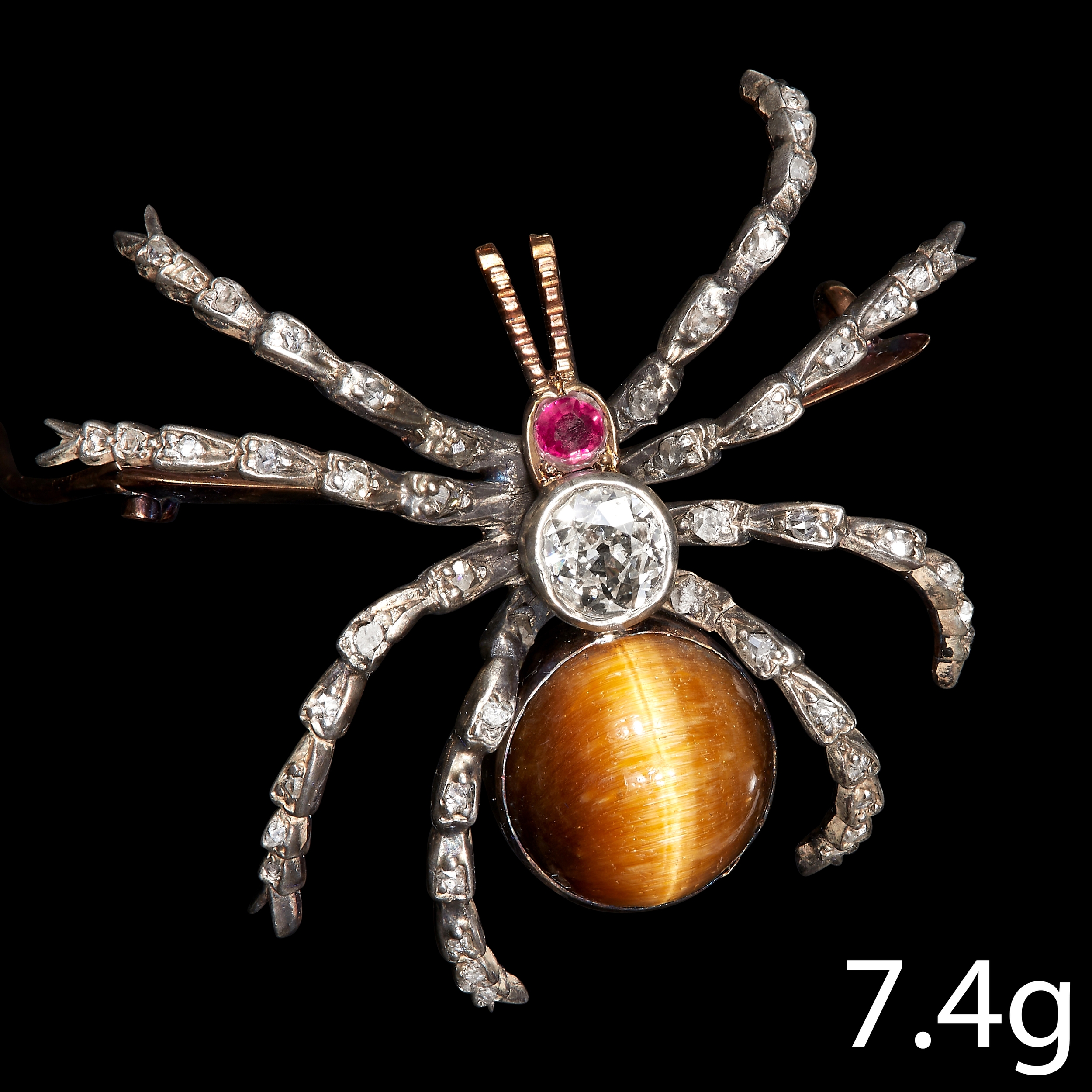 ANTIQUE VICTORIAN DIAMOND RUBY AND TIGERS EYE SPIDER BROOCH, Good