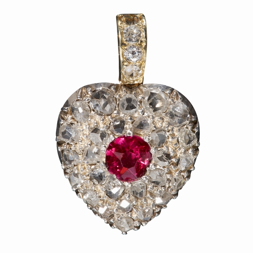 11 - ANTIQUE RUBY AND ROSE CUT DIAMOND PENDANT.
Set with rich vibrant colour ruby.
Bright and lively diam... 