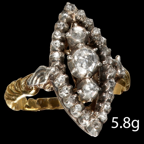 17 - ANTIQUE DIAMOND RING,
High carat gold and silver.
Marquise shaped design.
Diamonds bright and lively... 