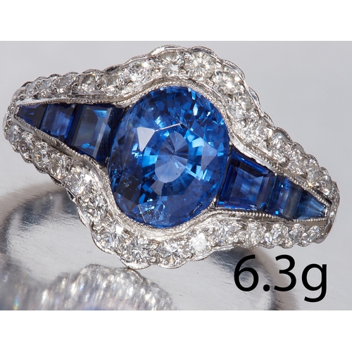 200 - FINE SAPPHIRE AND DIAMOND ART-DECO DESIGN RING,
High carat gold.
Central vibrant blue sapphire of ap... 