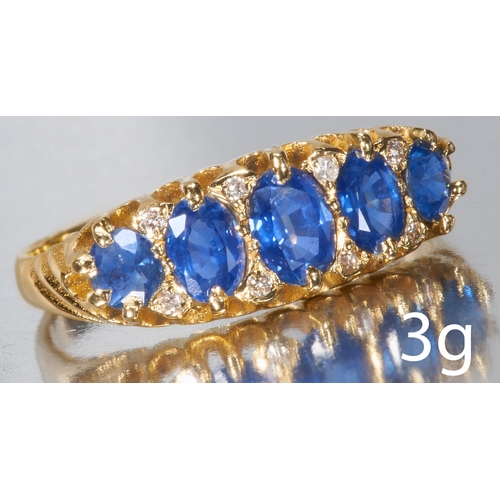 201 - SAPPHIRE AND DIAMOND 5-STONE RING,
High carat gold.
Vibrant sapphires totalling approx. 1.20 ct.
Siz... 