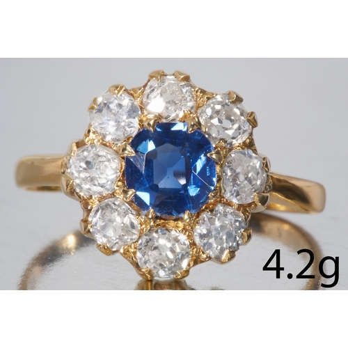 202 - SAPPHIRE AND DIAMOND CLUSTER RING,
High carat gold.
Vibrant blue sapphire of approx. 0.94 ct.
Diamon... 