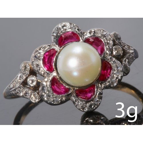 203 - ANTIQUE PEARL, RUBY AND DIAMOND RING.
18 ct. gold and silver.
The pearl is 5.47 mm, fine luster, (un... 