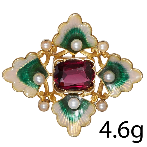 28 - ANTIQUE GARNET PEARL AND ENAMEL BROOCH, 
Set with a garnet to the center, 
The surmount of stylised ... 