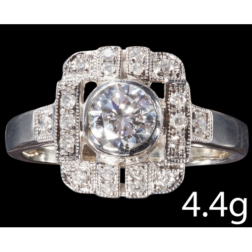 29 - ART-DECO DESIGN DIAMOND RING,
High carat gold.
Central diamond of approx. 0.57 ct. H/I colour, VS/SI... 