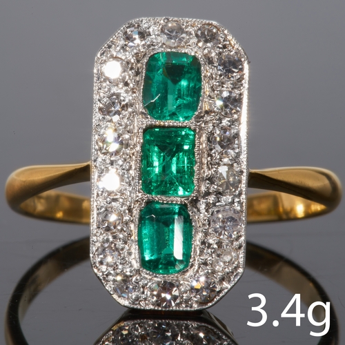 3 - FINE EMERALD AND DIAMOND RING,
High carat gold.
Rich and vibrant emeralds, totalling approx. 0.90 ct... 