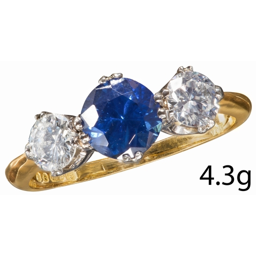 31 - SAPPHIRE AND DIAMOND THREE STONE RING
Set with a vibrant rich blue sapphire of approx. 1.29 ct.
The ... 