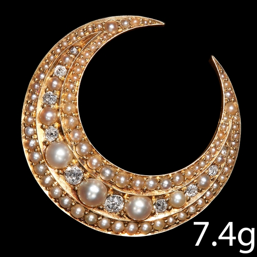 34 - FINE ANTIQUE GOLD PEARL AND DIAMOND CRESCENT BROOCH. 
Set with pearls and bright lively diamonds. 
2... 