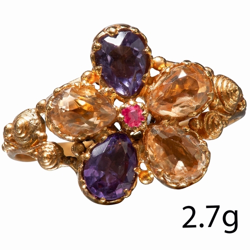 41 - RUBY AMETHYST AND TOPAZ FLORAL CLUSTER RING, 
In high carat gold.
Size K. 
2.7 grams.
lovely topaz, ... 