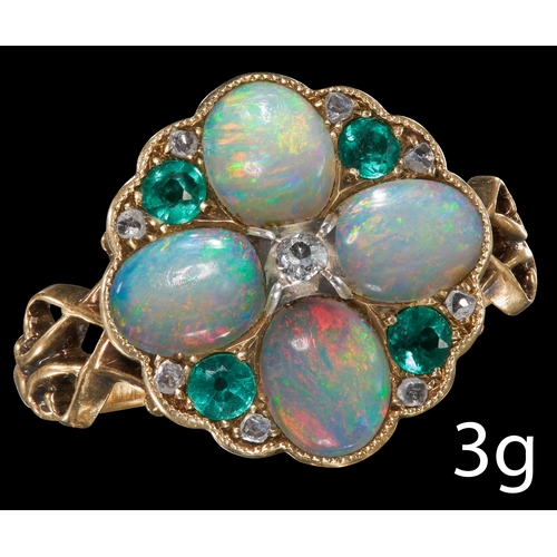 43 - VICTORIAN OPAL AND DIAMOND GOLD RING.
Vibrant opals with good play of colour, including reds.
Vibran... 