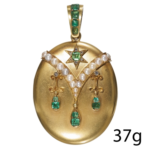 44 - VICTORIAN EMERALD AND PEARL LOCKET PENDANT. 
High carat gold
Set throughout with square step-cut eme... 