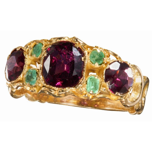 45 - VICTORIAN GARNET AND EMERALD RING, 
High carat gold.
Vibrant garnets.
Size N.
2.6 grams.