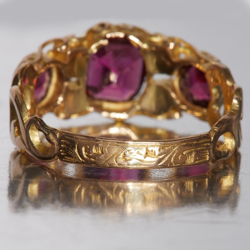 45 - VICTORIAN GARNET AND EMERALD RING, 
High carat gold.
Vibrant garnets.
Size N.
2.6 grams.