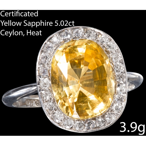 47 - FINE EDWARDIAN CERTIFICATED CEYLON YELLOW SAPPHIRE AND DIAMOND CLUSTER RING,
18 ct. gold.
Vibrant ye... 