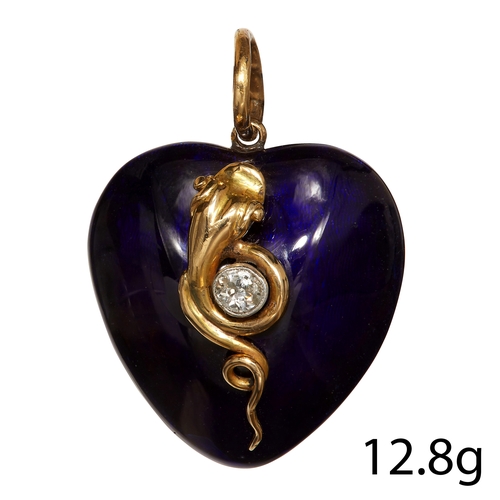 50 - LARGE ANTIQUE DIAMOND AND ENAMEL HEART SNAKE PENDANT. 
Testing as high carat gold. 
Set with bright ... 