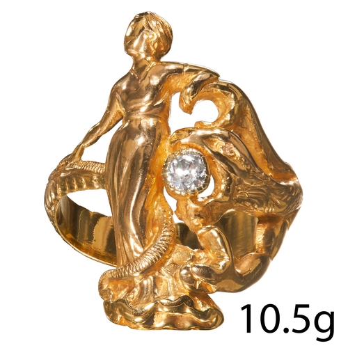 6 - ART-NOUVEAU DIAMOND RING, EVE AND THE SNAKE.
High carat gold.
The snake with a diamond in his mouth.... 