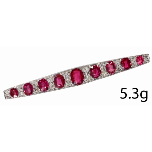 60 - ANTIQUE RUBY AND OLD CUT DIAMOND BAR BROOCH
Testing gold.
Set with rich vibrant colour rubies totall... 