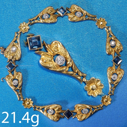 46 - FINE ART-NOUVEAU SAPPHIRE AND DIAMOND BRACELET,
French, high carat gold.
The links of fine relief an... 