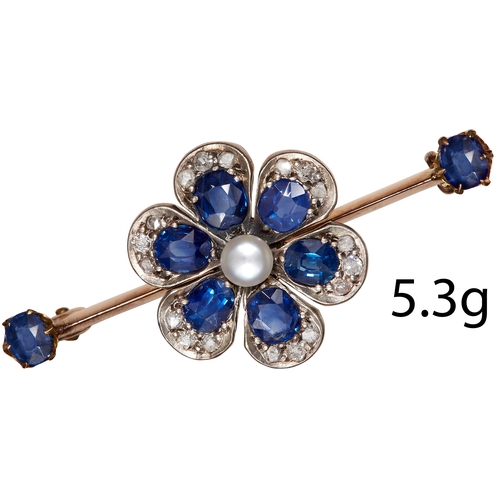 100 - ANTIQUE SAPPHIRE, DIAMOND AND PEARL BROOCH, 
High carat gold and silver.
Vibrant blue sapphires, wel... 