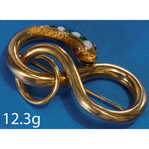 106 - ANTIQUE VICTORIAN EMERALD RUBY AND OPAL SNAKE BROOCH,
High carat gold.
Fine coiled life like design.... 