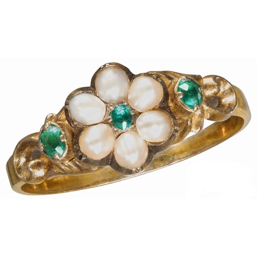 126 - VICTORIAN EMERALD AND PEARL RING
In high carat gold.
Vibrant emeralds.
Locket back.
Size N. 
1.6 gra... 