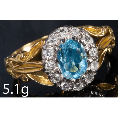 129 - ANTIQUE AQUAMARINE AND DIAMOND CLUSTER RING,
High carat gold and silver.
Vibrant aquamarine.
Diamond... 