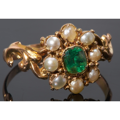 132 - VICTORIAN EMERALD AND PEARL CLUSTER RING,
High carat gold.
Vibrant emerald.
Pearls well matched. (un... 