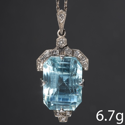 133 - FINE ART-DECO AQUAMARINE AND DIAMOND PENDANT,
Platinum.
Vibrant aquamarine of approx. 6.72 ct.
Diamo... 