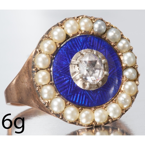 134 - FINE ANTIQUE DIAMOND ENAMEL AND PEARL CLUSTER RING,
High carat gold.
Rose cut diamond.
Rich blue ena... 