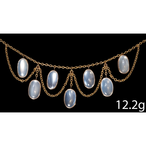 135 - ANTIQUE MOONSTONE DROP NECKLACE,
High carat gold.
Moonstones with nice blue shiller.
L. 40 cm.
12.2 ... 