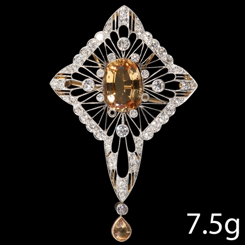 137 - FINE EDWARDIAN TOPAZ AND DIAMOND BROOCH/PENDANT
High carat gold and platinum.
Large vibrant orange t... 