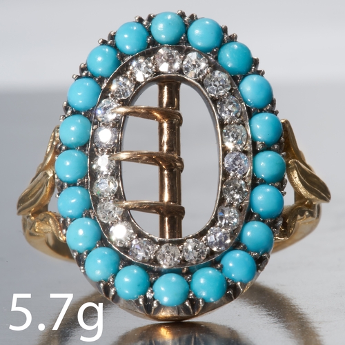 140 - RARE AND UNUSUAL ANTIQUE VICTORIAN TURQUOISE AND DIAMOND BUCKLE RING,
High carat gold.
Diamonds brig... 