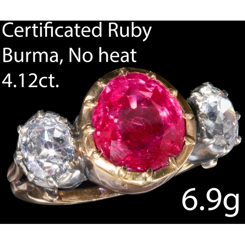 144 - MAGNIFICENT AND IMPORTANT ANTIQUE CERTIFICATED  4.12 CT. BURMA 'MOGOK' NO HEAT AND DIAMOND 3-STONE R... 