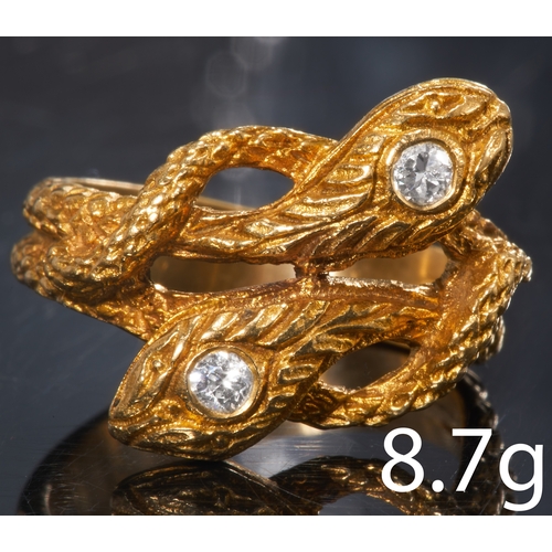 158 - FINE TWISTED DIAMOND DOUBLE SNAKE RING,
High carat gold.
Diamonds bright and lively.
Snakes with tex... 