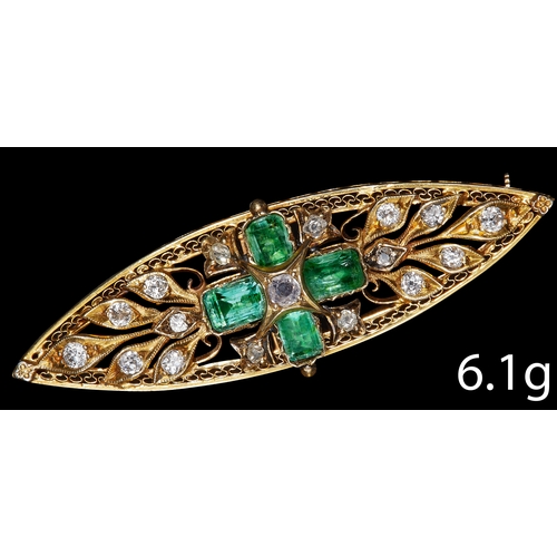 161 - EMERALD AND DIAMOND BROOCH,
High carat gold.
Vibrant emeralds.
Bright and lively diamonds.
W. 5 cm.
... 