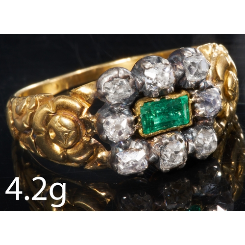 164 - FINE ANTIQUE EMERALD AND DIAMOND CLUSTER RING,
High carat gold and silver.
Vibrant emerald.
Diamonds... 